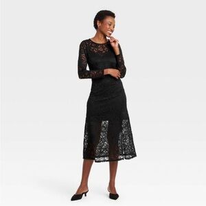 a new day Black Lace Overlay A-Line Midi Dress with Long Sleeves NWT L